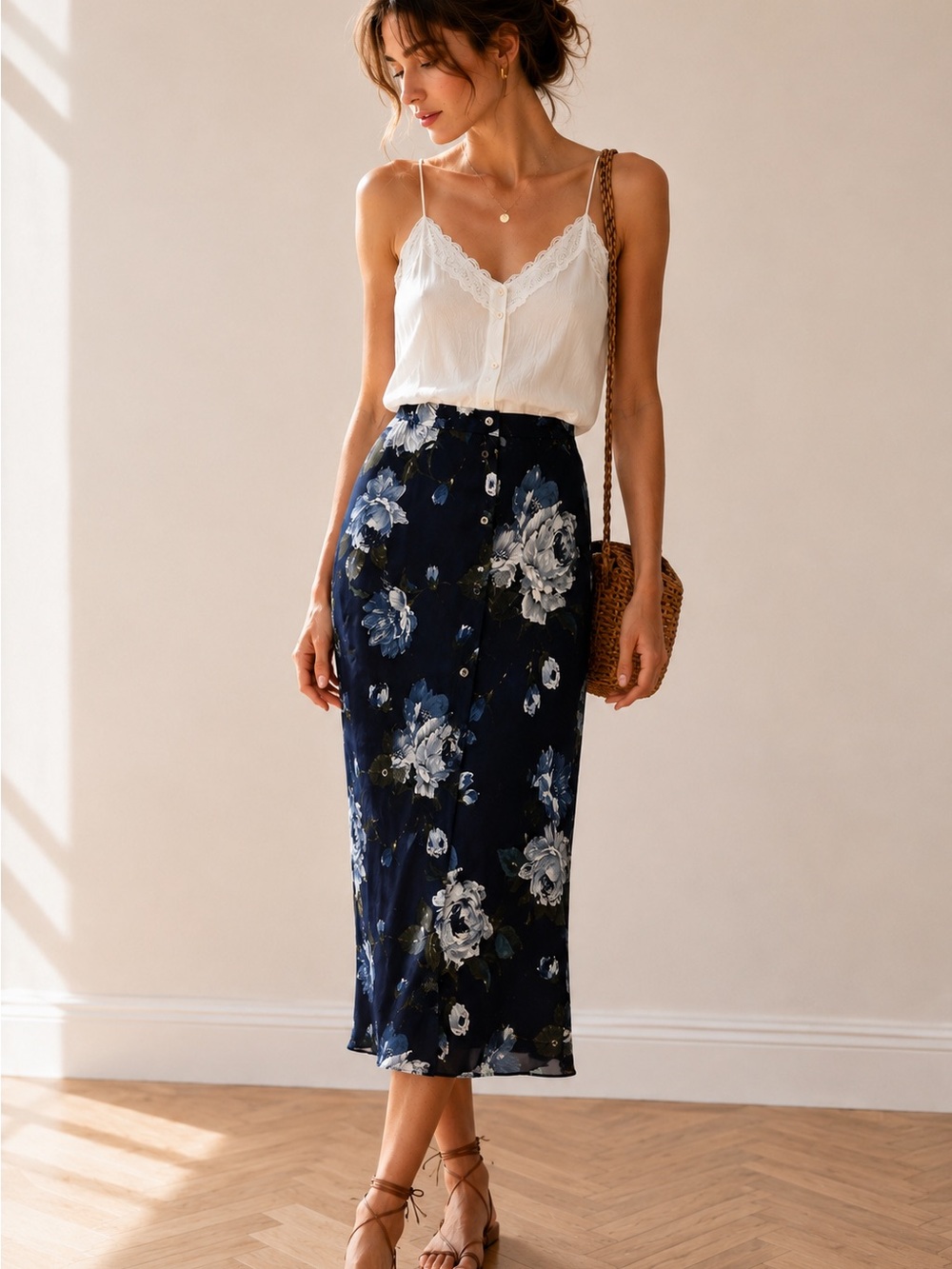 Vintage Silk Floral Navy Button-Front Midi Skirt Size 6